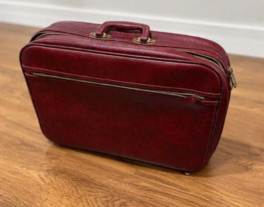 Vintage Burgundy Maroon Vinyl Travel Suitcase Luggage